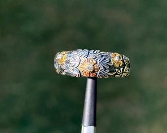 Sunflower Diamond Floral Band Ring in 18k Gold and Sterling Silver, Hand Engraved Leafy Nature Design | 98C