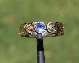 Handmade 18k Gold & 925 Silver Natural Tanzanite Ring, Diamond Accent, Artisan Hand-Carved Two-Tone Floral Botanical Statement Band | 94C