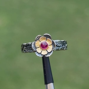 Handmade 18k Gold & 925 Silver Natural Ruby Ring, Artisan Hand-Carved Two-Tone Floral Botanical Statement Band, July Birthstone | 90C