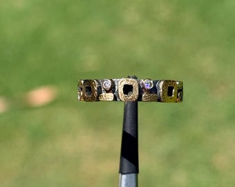 Handmade 18k Gold & 925 Silver 4 Diamond Band, Artisan Mixed Metal Geometric Ring, Textured Two Tone Statement Band, Size 6.5, 7.5 | 70C