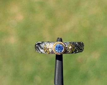 Handmade 18k Gold & 925 Silver Blue Sapphire Floral Ring, Natural Heated Sapphire Eternity Band, Botanical Leaf Ring, Size 7 | 11N