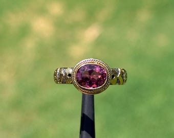 Handmade 18k Gold & 925 Silver Pink Tourmaline Ring, Natural Pink Tourmaline and Diamond Artisan Band, US Size 6.75 | 107C