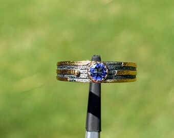 Handmade 18k Gold & 925 Silver Tanzanite Ring, Natural Tanzanite Mixed Metal Band, Textured Artisan Statement Ring, Size 7.75 | 95C