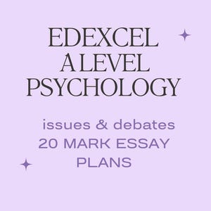 Puede incluir: Un fondo morado con el texto "EDEXCEL A LEVEL PSYCHOLOGY issues & debates 20 MARK ESSAY PLANS" en negro.