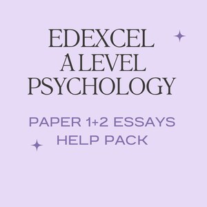 May include: A purple background with black text that reads "EDEXCEL A LEVEL PSYCHOLOGY PAPER 1+2 ESSAYS HELP PACK" with a small star on either side of the text.