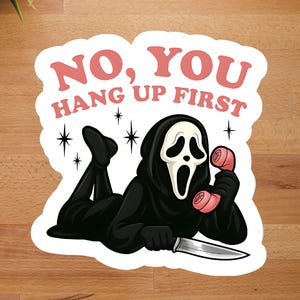 scream sticker, no you hang up first ghost face with pink phone, funny spooky halloween sticker, cartoon scream sticker ghost face