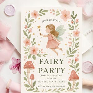 May include: A whimsical invitation for a fairy-themed party. The design features a fairy with a wand, surrounded by flowers and mushrooms. The text reads "FAIRY PARTY" with event details. Soft pink and green colors dominate the design.