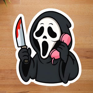cartoon ghost face sticker, scream sticker with a cute pink phone, spooky halloween stickers for laptop or water bottle, scream movie gifts