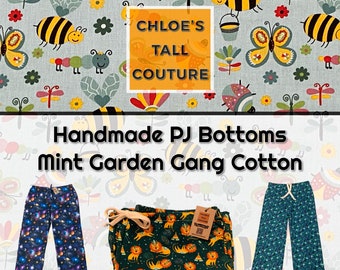 Tall Pyjama Bottoms, Mint, Garden Bugs, 100% Cotton, Tall Clothing, Bees, PJs, Handmade Pyjamas, Nightwear, Sleepwear, Personalised, Long