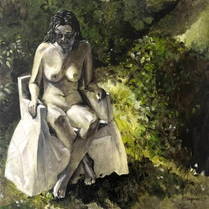 Peut inclure: Une peinture à l'huile représentant une silhouette assise sur une chaise blanche. La silhouette a des cheveux foncés et est placée devant un arrière-plan de feuillage vert foncé dense. L'œuvre présente des coups de pinceau visibles.