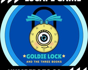 May include: A blue and yellow combination lock with a cartoon eye and a bow on top. The lock is labelled "Escape Game" and "Goldie Lock and the Three Books". The text "Numbers to 20" is also visible.