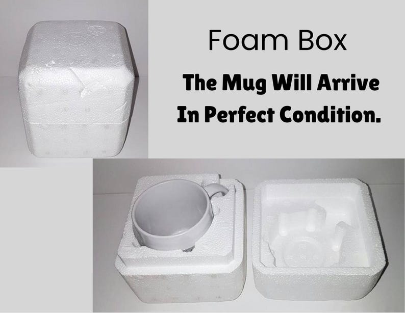 May include: A grey mug inside a white foam box, with the text "Foam Box" and "The Mug Will Arrive In Perfect Condition." The mug is protected by custom-fit foam packaging for safe shipping.