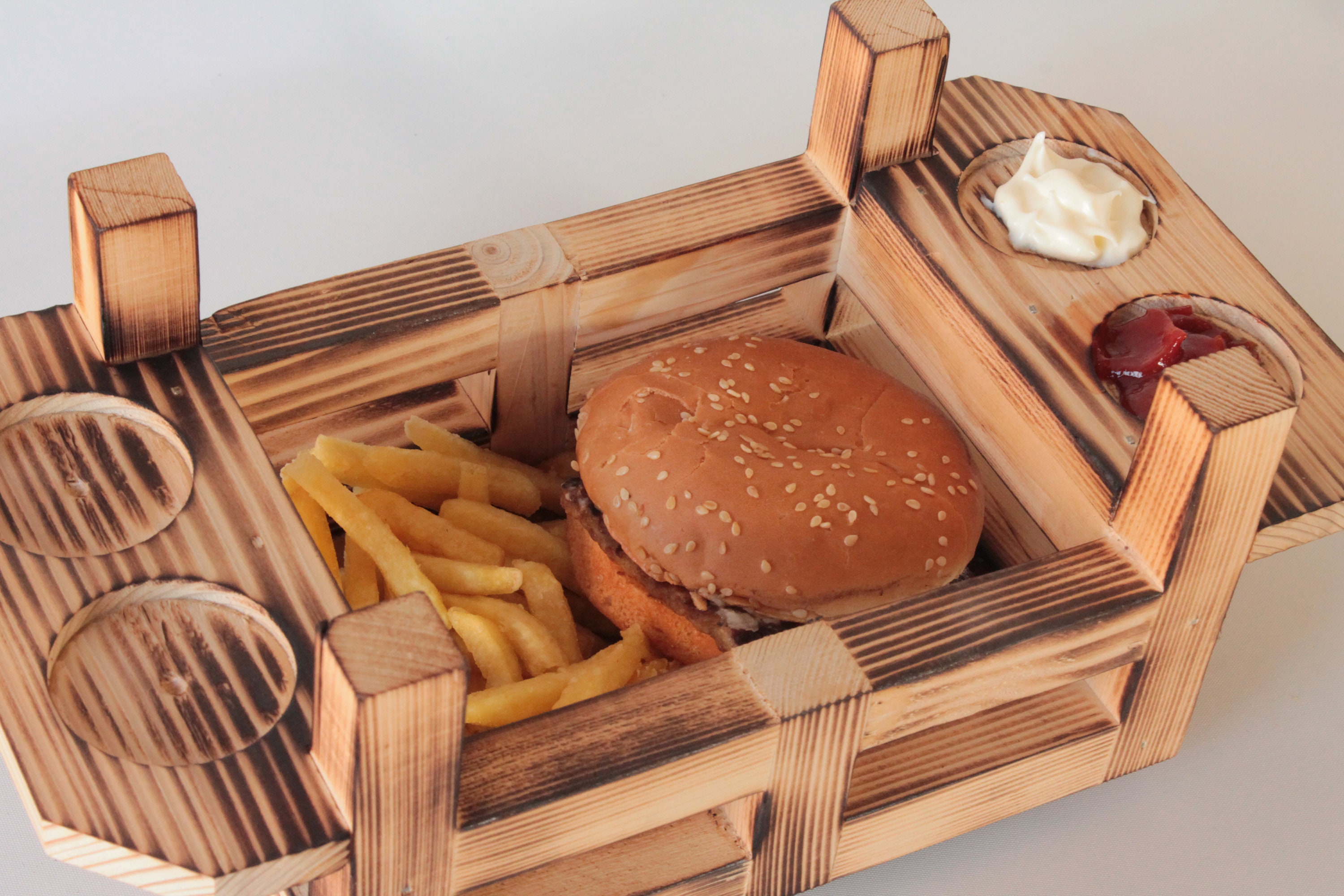 Wooden Burger Fast Food and Sauce Serving Tray Special Burning Etsy