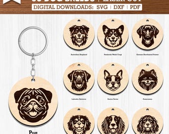 May include: A wooden circular keychain featuring a pug dog head design. The image also displays various laser-cut dog breed designs, including Australian Shepherd, Pembroke Welsh Corgi, and Labrador Retriever. The text indicates digital downloads are available.