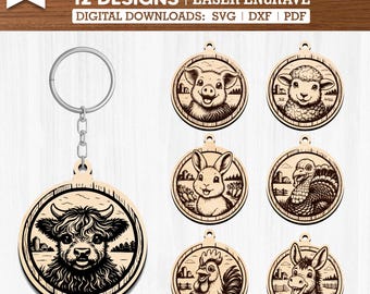 12 boerderijdieren sleutelhanger SVG-bundel | 12 rustieke boerderijontwerpen Lasergraveerbestanden | Koe varken kip schaap sleutelhanger voor Glowforge