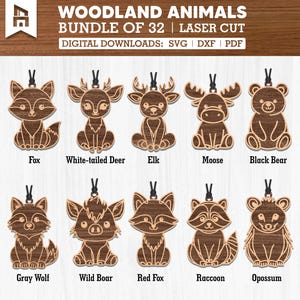 Woodland Animals Svg Dxf Pdf Bundle | 32 Forest Creature Sitting Front View Laser Cut and Engrave Files for Signs, Gifts, and Home Decor