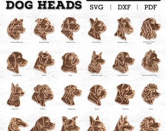 May include: A digital download of 100 line art dog head illustrations in SVG, DXF, and PDF formats. The image shows a grid of 20 dog breeds, including the Alaskan Malamute, American Bully, Goldendoodle, French Bulldog, Airedale Terrier, American Cocker Spaniel, Labradoodle, Pitbull, Pug, Australian Cattle Dog, Golden Retriever, American Eskimo Dog, Chihuahua, Bulldog, Catahoula, Mastiff, Bullmastiff, Poodle, Borzoi, Labrador Retriever,  Hound, Boston Terrier, German Shepherd, and Bernedoodle.