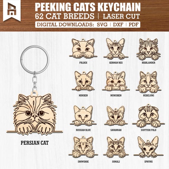 62 Cat Breeds Peeking Line Art Svg Bundle Keychain with bail - Cat Ornaments, Multi Layer Laser Cut Designs, Glowforge CNC Plasma Cut File