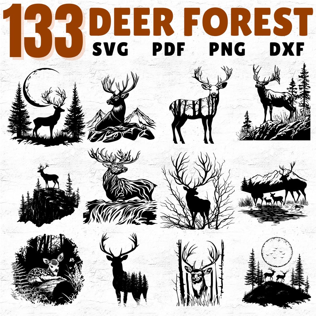 133 Deer Forest Clipart Bundle SVG PNG PDF Dxf | Deer Silhouette Forest ...