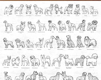 125 Dog Breeds Line Art SVG Bundle for Cricut Crafts, Standing Dog Silhouette Cut Files, Pet Breed Outline Clipart for Vinyl and Laser Cut