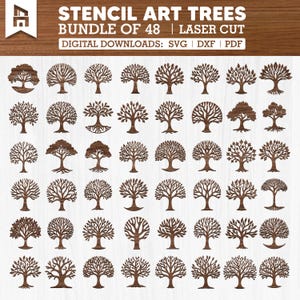 May include: A collection of 48 laser-cut tree stencils in various designs. The stencils are brown and feature different styles of trees, including those with detailed branches and roots. Text at the top reads "STENCIL ART TREES BUNDLE OF 48 | LASER CUT".