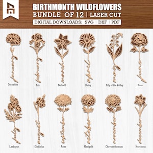 Könnte beinhalten: Ein Set mit 12 lasergeschnittenen SVG-Dateien mit Wildblumen für jeden Geburtsmonat. Jedes Design enthält eine Blume und den Namen des Monats, in dem sie blüht. Die Designs sind perfekt für die Erstellung personalisierter Geschenke oder Wohnaccessoires.