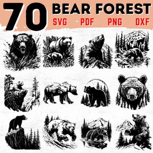70 Bear in Forest Clipart Bundle SVG PNG Pdf Dxf | Wild Bear Silhouette Scene Files for Cricut | Woodland Animal Nature Designs
