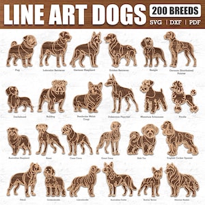 Paquete de 200 razas de perros con arte lineal en pose de pie (SVG) - Adornos para perros, corte láser, Glowforge, perro multicapa, CNC, archivos de corte, DXF
