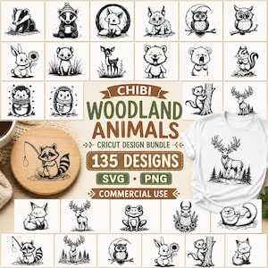 Peut inclure: Un ensemble de designs numériques comprenant 135 illustrations en noir et blanc d'animaux des bois, dont des renards, des hiboux, des cerfs et des ratons laveurs. Le texte indique CHIBI WOODLAND ANIMALS CRICUT DESIGN BUNDLE 135 DESIGNS SVG PNG COMMERCIAL USE.