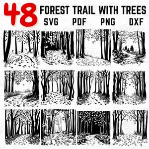 May include: A set of 48 black and white illustrations of forest trails with trees. The illustrations are in a simple, stylized style and feature winding paths through dense forests.