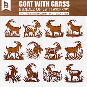 56 Goat Laser Cut Files SVG Farm Animal Silhouette Bundle with Grass for Glowforge Cricut CNC Engraving Wood Craft Vector Design