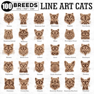 Line Art 100 Breeds Cat Bundle Svg Pdf Dxf Png - Cat Ornaments, Cat Laser Cut, Glowforge Svg, Cnc, Cat Cut File, PNG, Cat Laser Cut