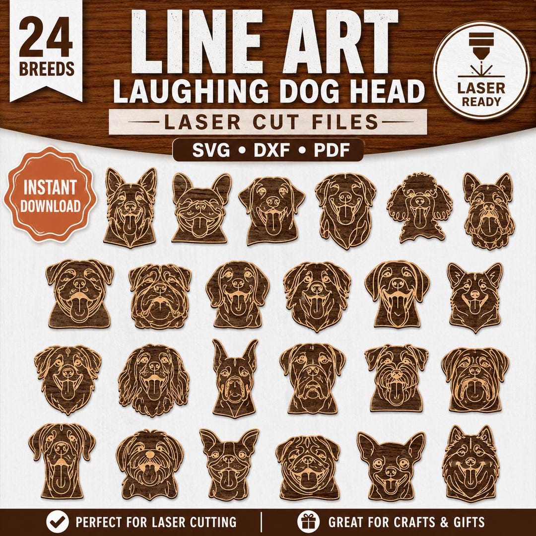 Laughing Dog Head SVG Bundle 24 Dog Breeds Laser Engrave Files Png Dxf ...