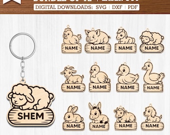 Custom 12 Farm Animals Keychain SVG Bundle | Laser Cut Files for Glowforge, XTool, Omtech, CNC Engraving, Digital Download