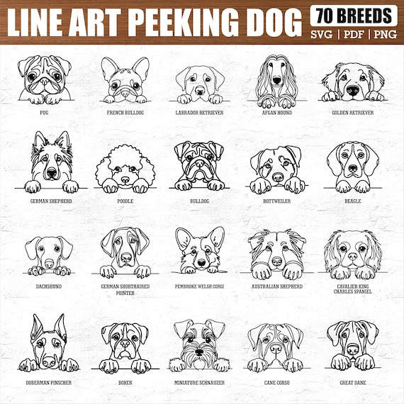 70 Peeking Dog Breeds Svg Dxf Png Pdf Bundle for Cricut and Laser Cut Crafts, Line Art Pet Silhouette Files for Dog Lovers and Decor Project