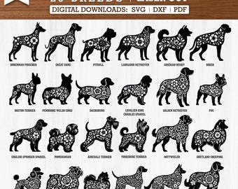 May include: A digital download of 20 different dog breeds in a floral stencil design. The designs are black and white and are perfect for laser cutting.