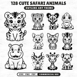Könnte beinhalten: Schwarz-weiße Umrisszeichnung von 12 niedlichen Safari-Tieren, darunter ein Tiger, ein Leopard und eine Giraffe. Der Text lautet "128 Cute Safari Animals" und "Outline Art Theme".