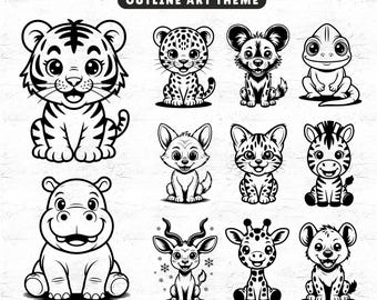 128 Chibi Safari Animals Outline SVG Bundle Png Svg Pdf | Cute Jungle Animal Laser Cut, Cricut, Submilation