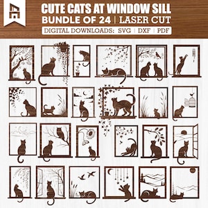 Peut inclure: Ensemble de 24 motifs découpés au laser représentant des chats sur des rebords de fenêtre. Chaque motif présente une silhouette de chat dans un cadre de fenêtre, avec des éléments tels que des arbres et des oiseaux. Le texte dit "CUTE CATS AT WINDOW SILL BUNDLE OF 24 | LASER CUT".