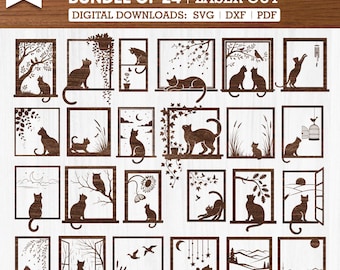 窓辺の猫 DXF SVG | シルエット猫と鳥 CNC＆プラズマ用レーザーカット