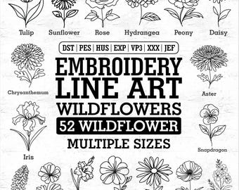 52 Wildflower Embroidery Designs, Line Art Floral Embroidery, Dst Pes, Flower Machine Embroidery, Digital Embroidery, Digital Download