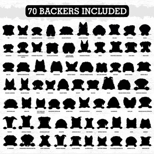 Puede incluir: Gr&aacute;fico en blanco y negro con 70 siluetas de razas de perros, cada una con su nombre debajo. El texto "70 Backers Included" est&aacute; en la parte superior. Las razas incluyen Bulldog franc&eacute;s, Pastor alem&aacute;n y Cocker Spaniel.