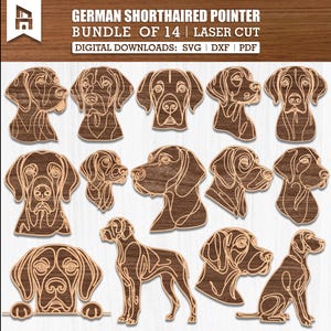 May include: A digital download bundle of 14 laser cut designs featuring German Shorthaired Pointers in various poses. The designs are suitable for crafting projects such as wood signs, home decor, and more.