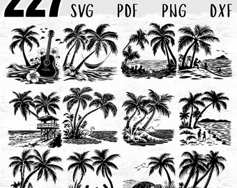 Puede incluir: Un conjunto de 12 imágenes en silueta en blanco y negro de escenas de playa. Cada imagen presenta palmeras, una playa y olas del océano. Algunas imágenes incluyen elementos adicionales como una hamaca, una guitarra, una caseta de salvavidas, una tortuga y personas.