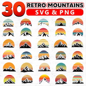 30 Files Bundle Mountains Svg Retro Sunset - Forest Svg, Camping Svg, Sunset Svg, Travel Svg for Mountain Lovers
