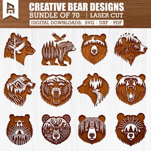 May include: A collection of laser-cut bear designs in various poses and styles. The designs are brown and feature intricate details, including trees, mountains, and an eagle. The text "CREATIVE BEAR DESIGNS" and "BUNDLE OF 70" is visible.