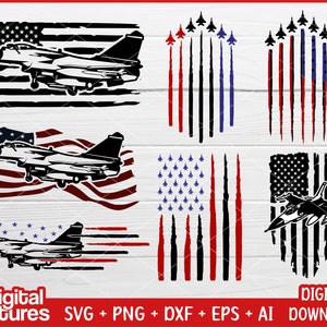 Könnte beinhalten: Ein Satz digitaler Schnittdateien mit einem Kampfjet, der über einer amerikanischen Flagge fliegt. Die Flagge ist im Used-Look mit einem Grunge-Effekt gehalten. Die Dateien sind in den Formaten SVG, PNG, DXF, EPS und AI verfügbar.