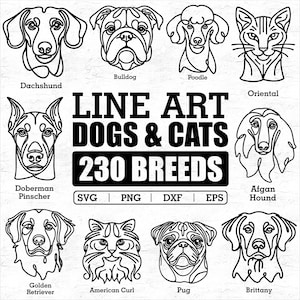 Line Art Cat & Dog Heads Bundle SVG File Complete Breeds, Cat Dog Heads Clipart, Dog Bundle Svg, PNG, Cut File, Instant Download