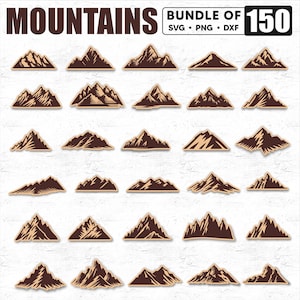 Könnte beinhalten: Eine Sammlung von 20 braunen Bergillustrationen mit einem hellbraunen Rand. Das Wort "MOUNTAINS" steht oben, und "BUNDLE OF SVG • PNG • DXF 150" befindet sich oben rechts. Die Bergdesigns variieren in Form und Stil.