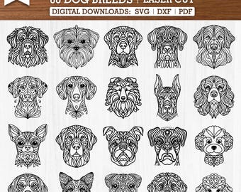 May include: A digital download of 60 line art mandala dog breeds. The designs are perfect for laser cutting and crafting projects. The image shows a variety of dog breeds, including a Labrador Retriever, a Bulldog, a Poodle, and a Chihuahua.